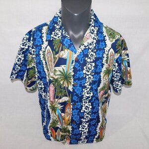 VTG Randy River R2 Hardcore Blue White Hibiscus Surfboards Hawaiian Shirt Mens M